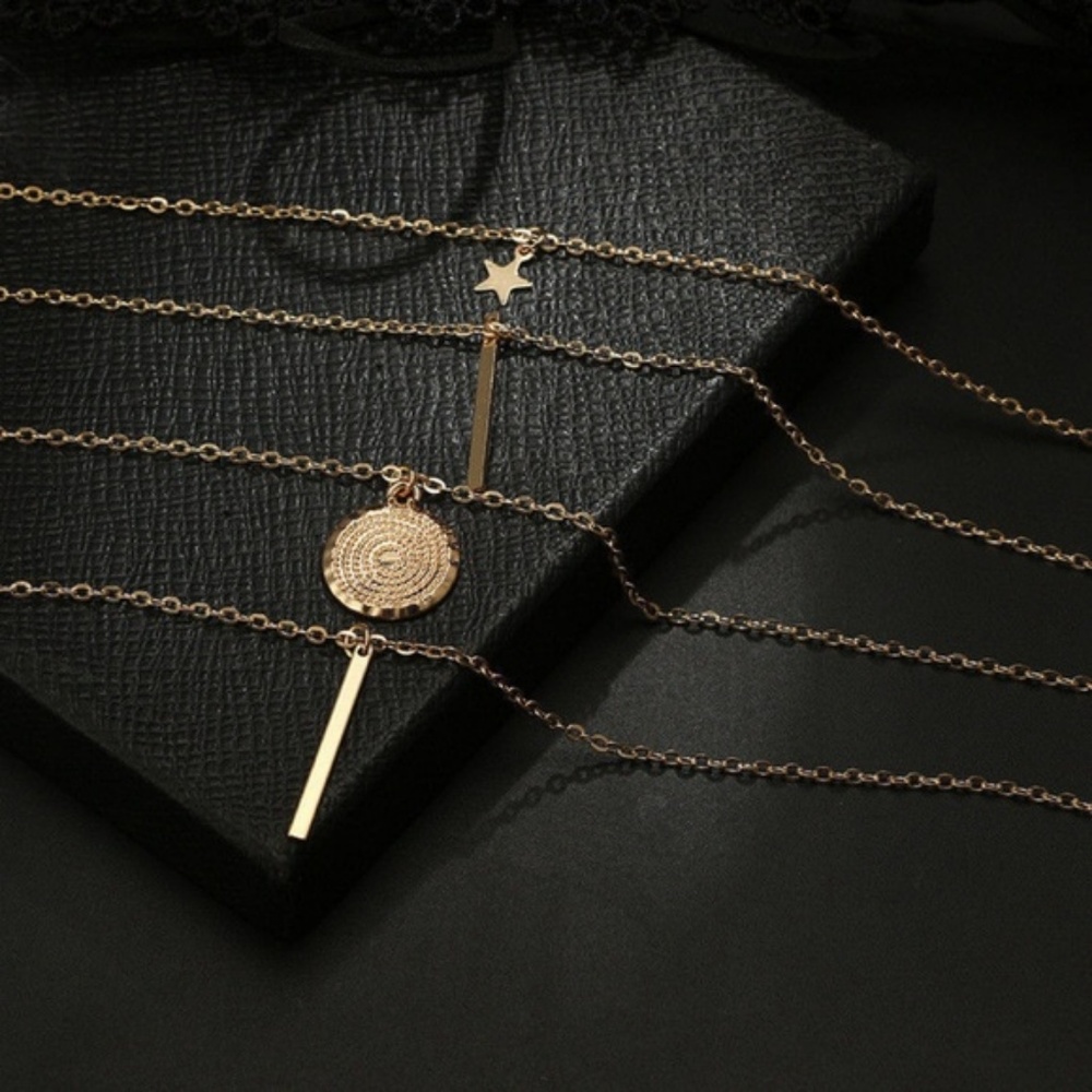 Gold Star Coin Layer Chain Bar Pendent Necklace - Picture 3 of 8